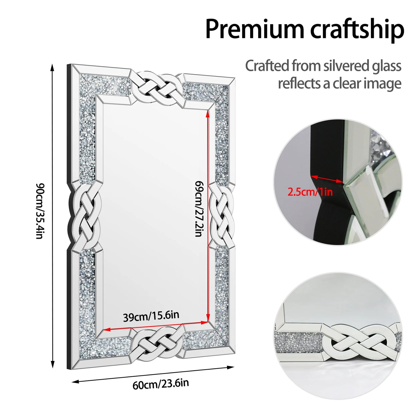 90/100/120CM Large Crystal Crush Diamond Mirror Vanity Silver Decorative Wall Hang Mirror for Bedroom Hallway Living Room