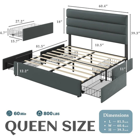 Queen Bed Frame with Storage Drawers Queen Size Platform Bed Frame with Velvet Upholstered Headboard Metal Support No Box Sprin