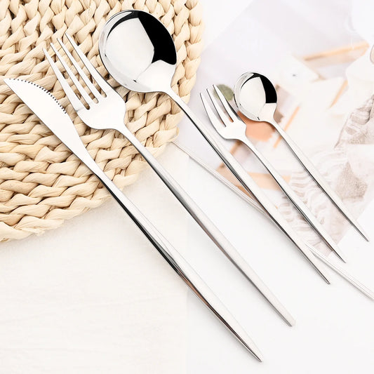 24pcs Silver Stainless Steel Cutlery Set Mirror Dinnerware Set Fork Knife Spoon Chopsticks Tableware Teaspoon Cake Fork Flatware