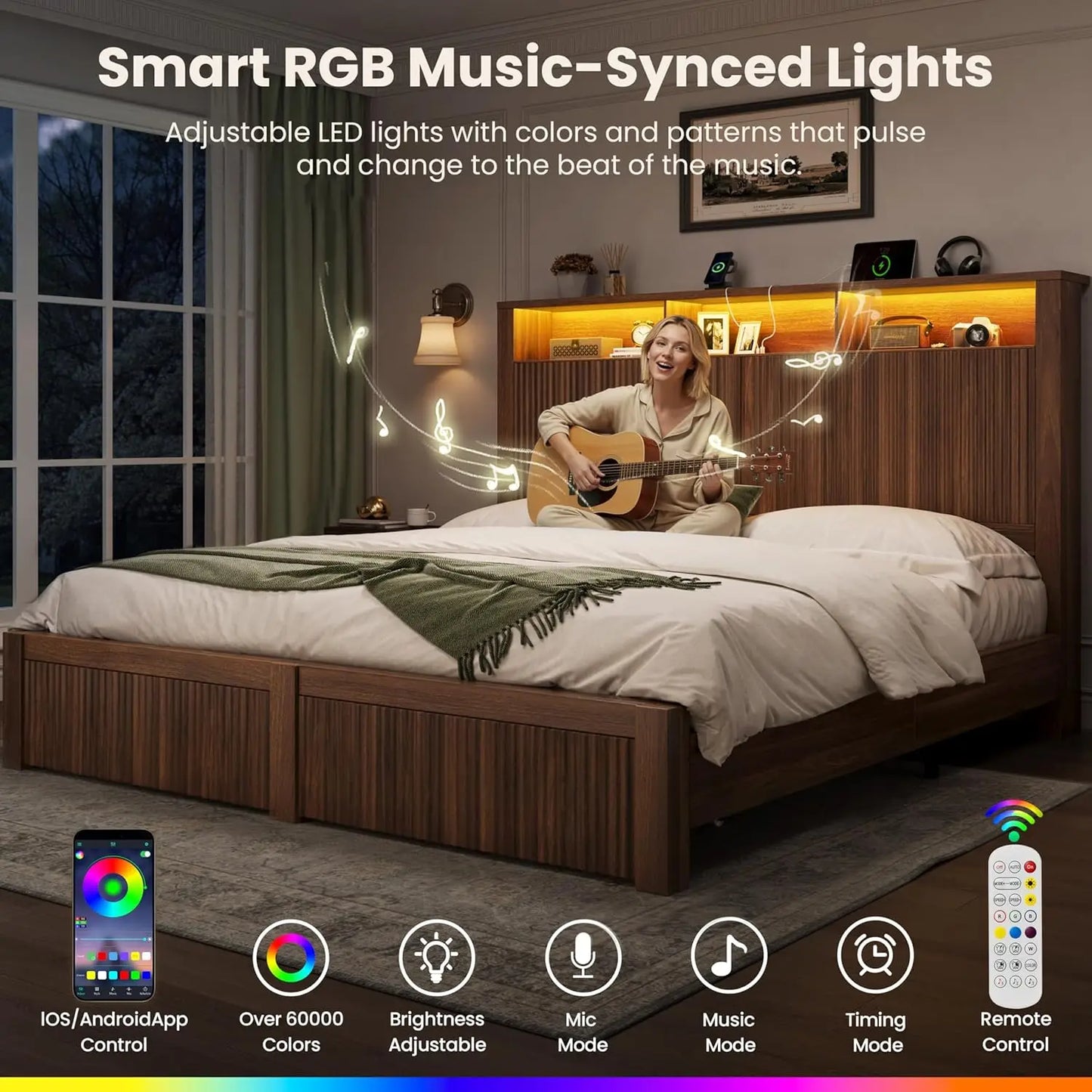 King Bed Frame and Headboard& 2 Storage Drawer, King Size Bed Frame with LED Light and Charging Port, Farmhouse, Customized