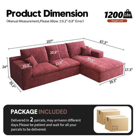 107'' L-Shaped Modern Modular Sectional Cloud Couch, 4-Seat Chenille Deep-Seat Sofa with Pillow for Living Room,Customized