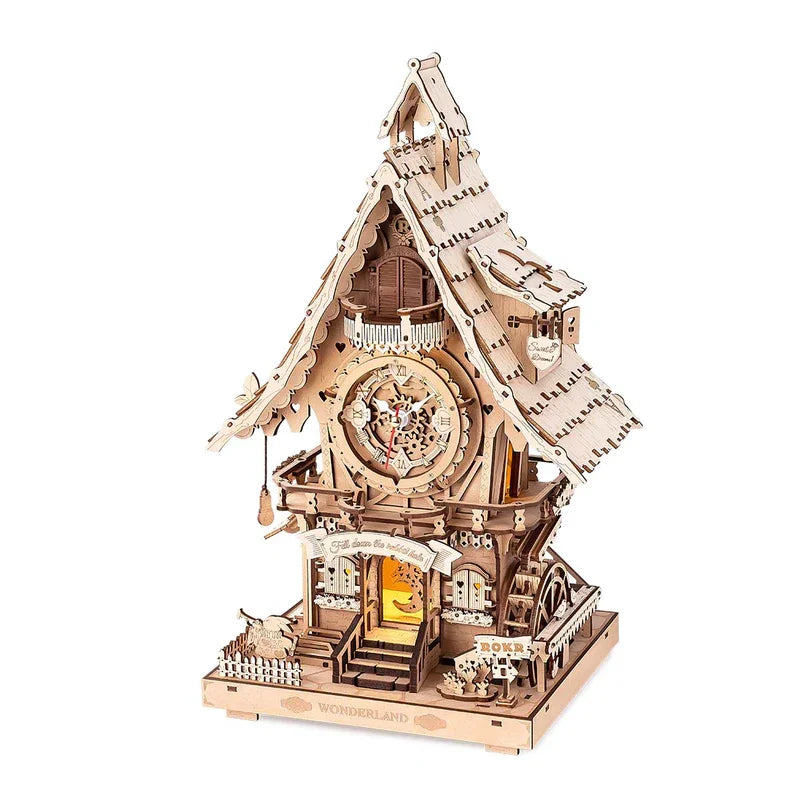 Robotime Rokr 3D Wooden Puzzle Cuckoo Clock Kit Black Forest Style with Working Bird DIY Clock Model Kit for Kids Adults Model