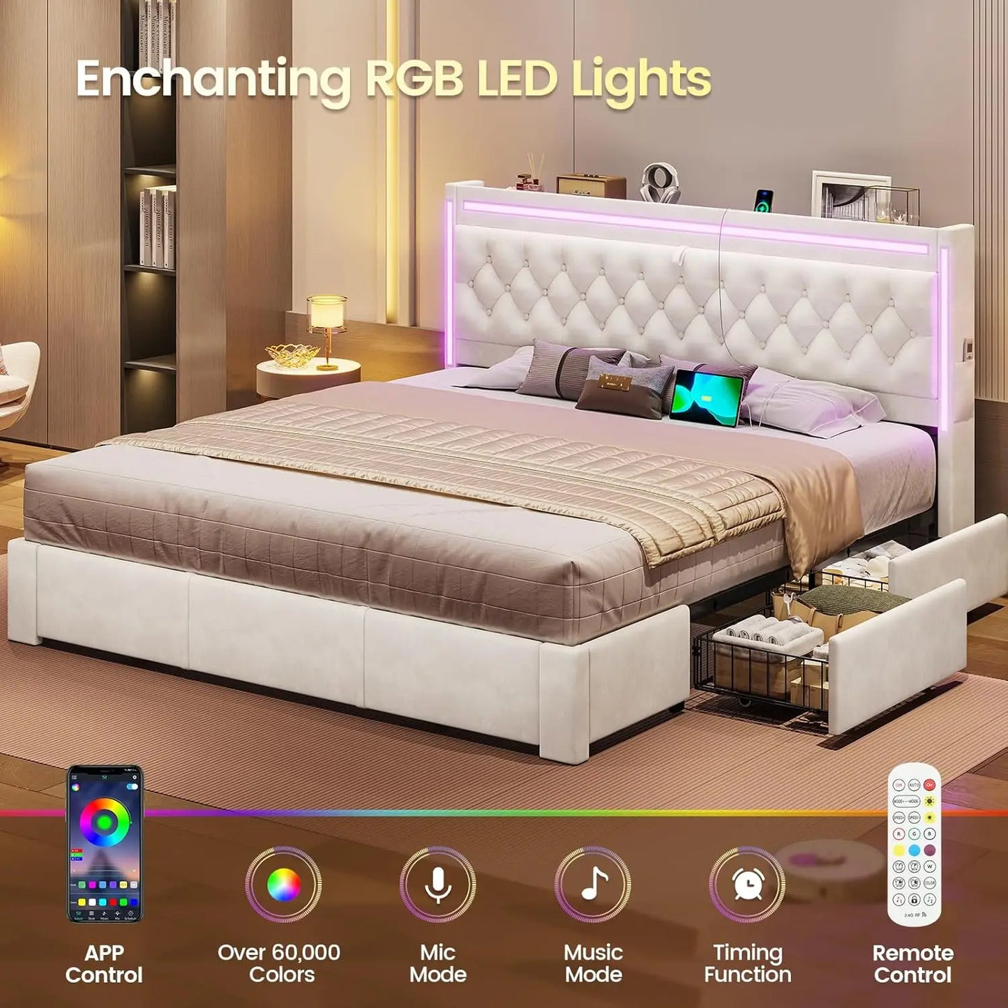 Velvet LED Bed Frame with 5 Drawers, Hidden Storage Headboard, Charging Station & Metal Slats Support - Beige