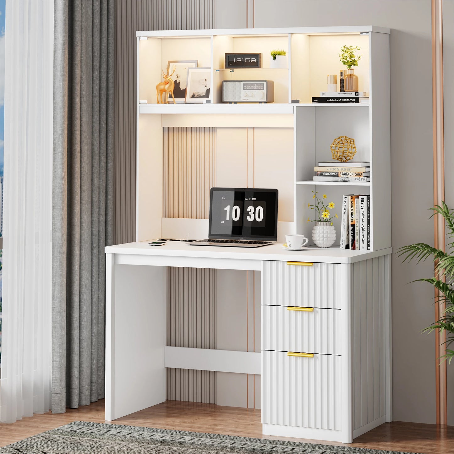 JDPAG LED Study Desk with Hutch & Storage Cabinet, 47" Home Office Desk with Outlet and 3 Color LED,Writing Desk for Bedroom
