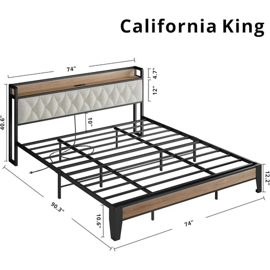 California King Bed Frame, Storage Headboard with Charging Station, Platform Bed Frame with Strong Metal Support, Sturdy