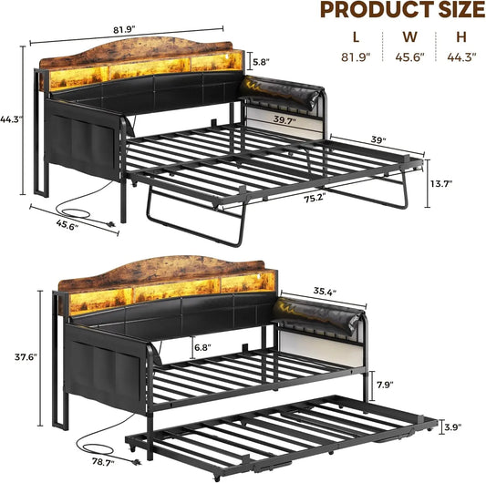 Daybed with Trundle, Twin XL Day Bed with Bookcase Headboard, Bedside Caddy, Charging Station LED Lights, Metal Sofa Bed