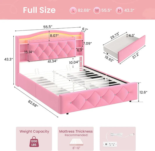 Pink Princess Bed Frame with Storage Drawers, LED Lights & USB Charging - Full Size Girls Platform Bed