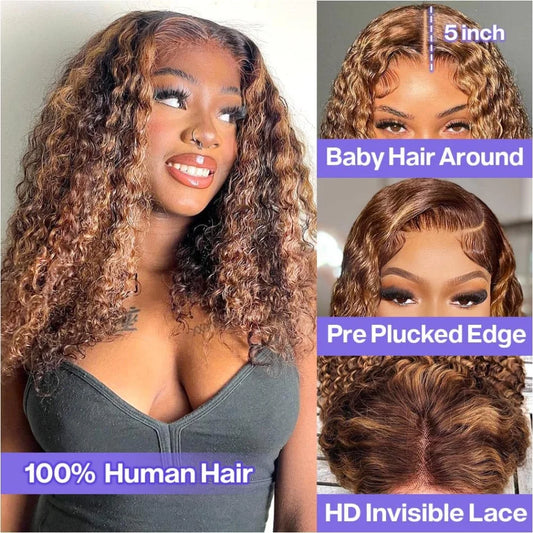 Highlight Ombre Bob Wig Human Hair 100% Curly Short Honey Blonde Colored Glueless Deep Wave Frontal Wig 5X5 Hd Lace Closure Wigs