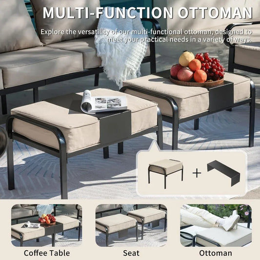 5 Piece Patio Furniture Set, Metal Patio Conversation Set with 1x3 Seater Sofa & 2xSwivel Chairs & 2xOttomans