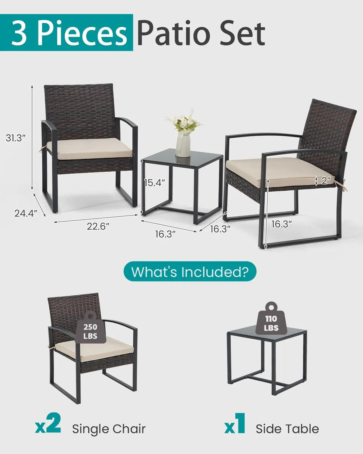 3 Pieces Patio Furniture Set, Outdoor Rattan Bistro Set with Coffee Table, Durable Steel Frame with Strapped Cushions