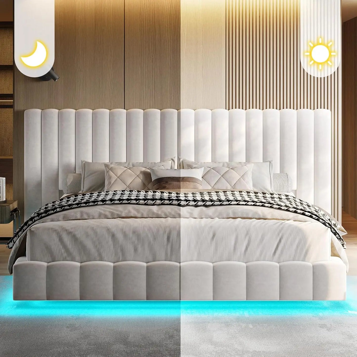 King Bed Frame with LED Lights and Upholstered Oversized Headboard, Modern Velvet Platform with Floating Design, No, Customized