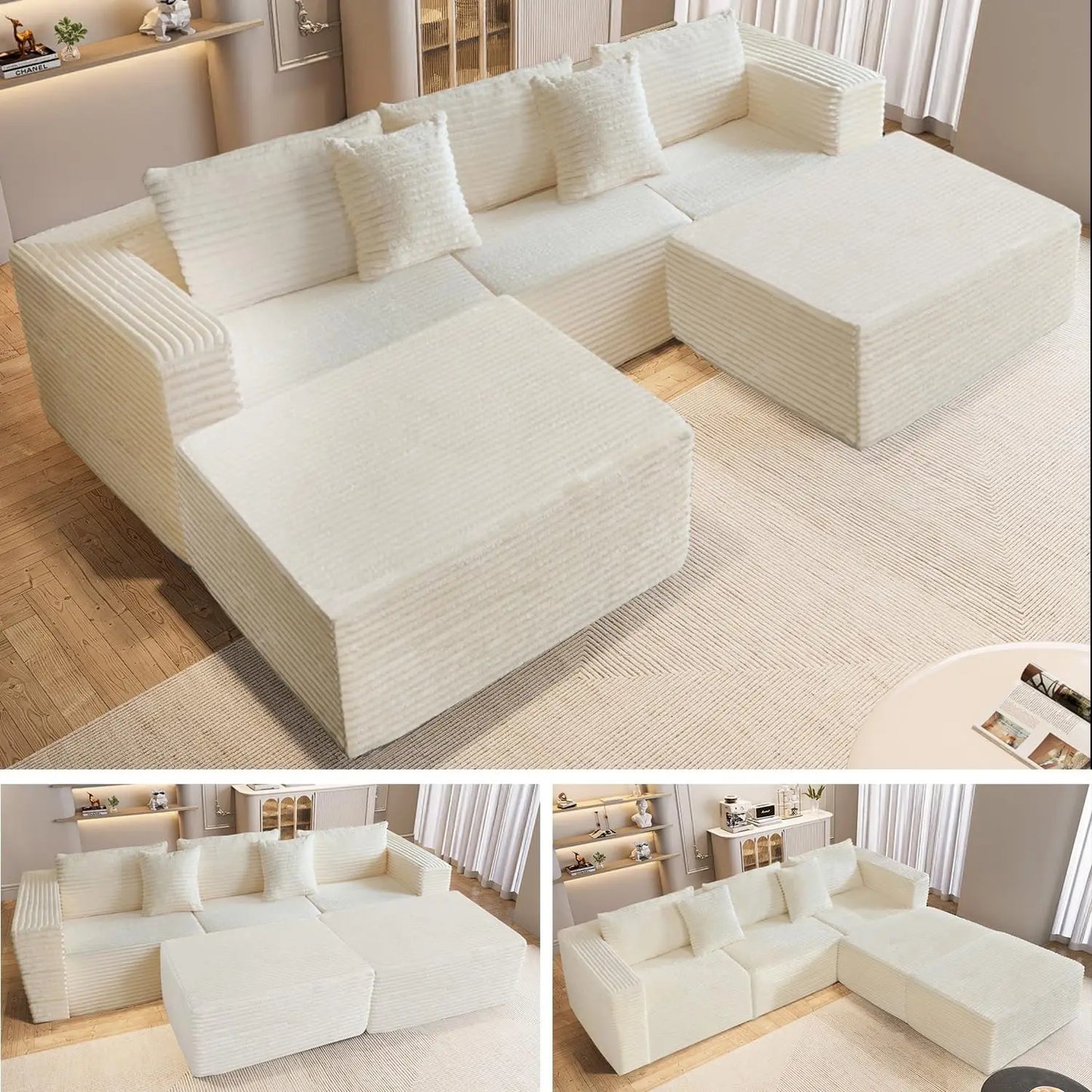 110" Modular Sectional Couch Sofa,Boneless Couches for Living Room,3-Seater Cloud Sofa with 2 Movable Ottomans U Shaped