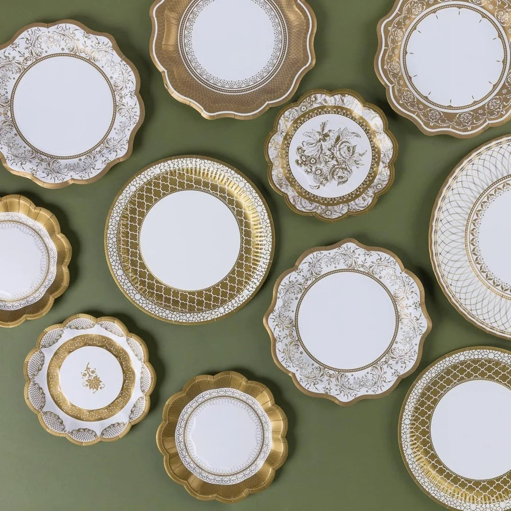 24 Large Gold Disposable Paper Plates Strong Sturdy Elegant Design Recyclable Dishes Perfect Parties Weddings Events
