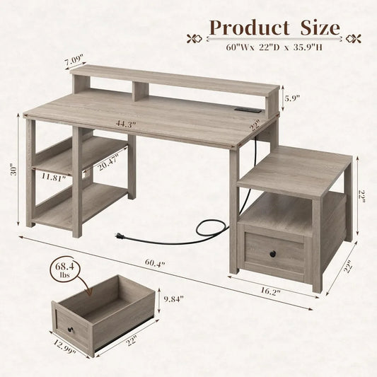 60.4" Computer Desks with Drawer & LED Light, Office Desk with Monitor Stand, Farmhouse Study Desks with Power Outlet, Work Desk