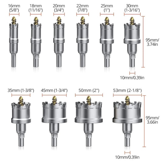 10Pcs TCT Hole Saw Set 16-53mm, Carbide for Metal/Plastic/Iron, w/Drill & Wrench