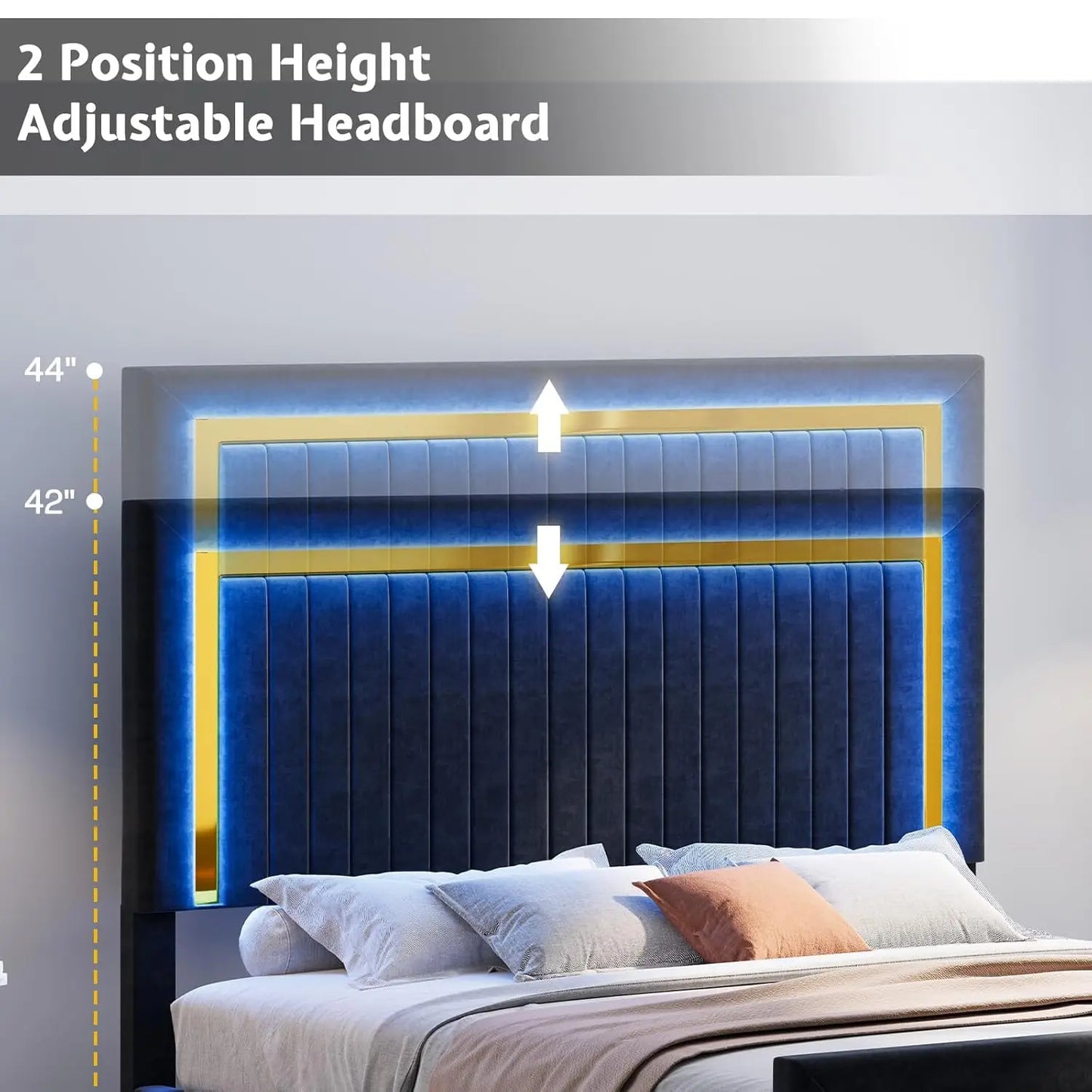 King Upholstered LED Platform Bed Frame with Storage Drawers Adjustable Headboard No Box Spring, Customized