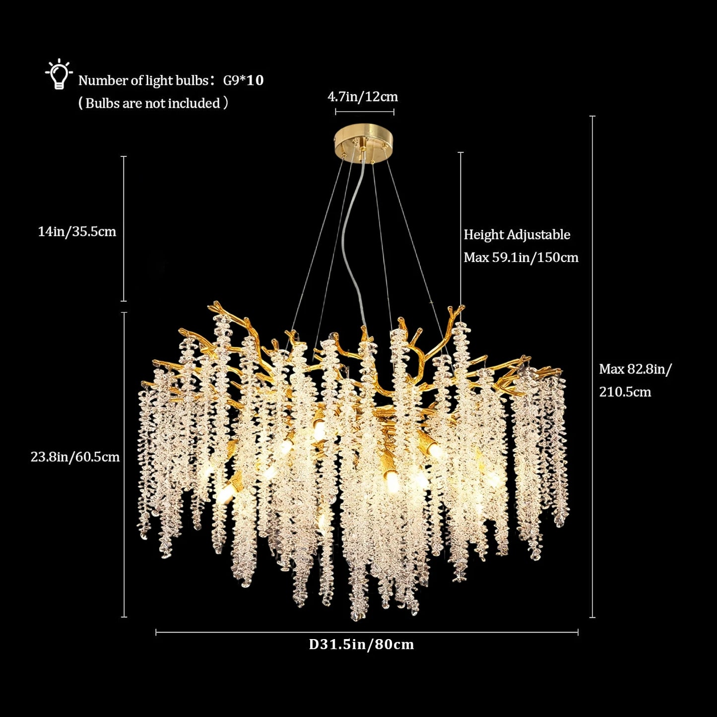 Branch style modern round crystal chandelier, G9 lamp holder (excluding light bulb), living room, bedroom, dining area, foyer