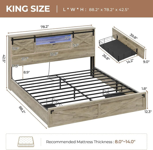 California King Bed Frame with Storage Headboard, LED Lights, Charging Station & Drawers - Rustic Farmhouse Design