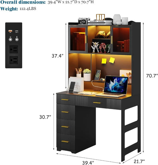 LED Study Desk with Hutch, Drawers, Outlet & Charging Station for Home Office, Bedroom or Small Space (Black)