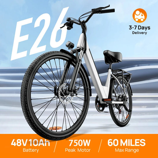 750W E-Bike Commuter 26x2" Tires 48V 10.4Ah Removable LCD Display 20MPH Speed 7-Speeds Hydraulic Disc Brakes for Adults