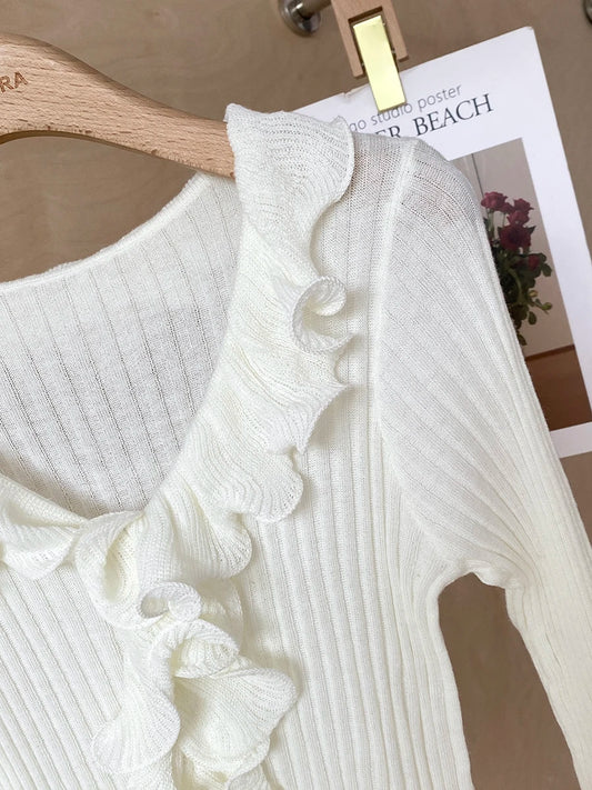 Women's Ruffled Sweater Long Sleeve Slim Fit Rib Knit Top Pullover Jumper Ladies Knitwear Autumn Winter Fairycore Outfit