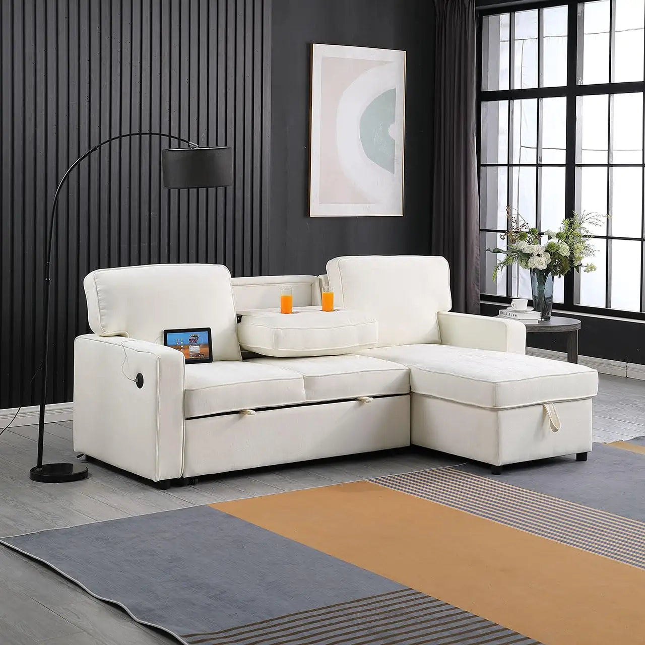89" Sofa Bed, Chenille Modern 2-in-1 Convertible Sleeper Sofa, Pull Out Couch Bed with Storage Chaise, L Shaped Couch with USB a