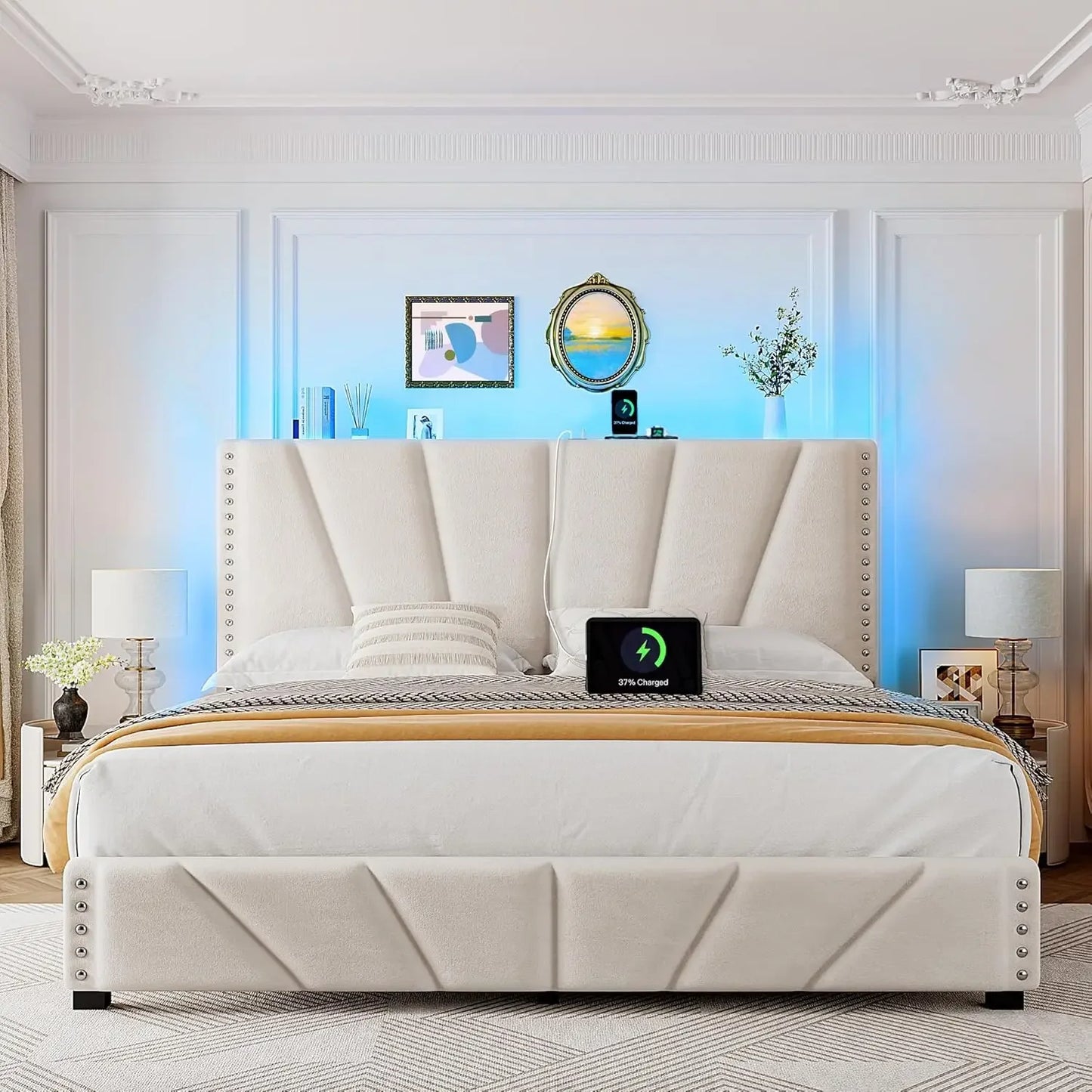 Velvet Headboard and LED Lights, Storage Headboard Platform Bed with Charging Station,King Size Bed Frame