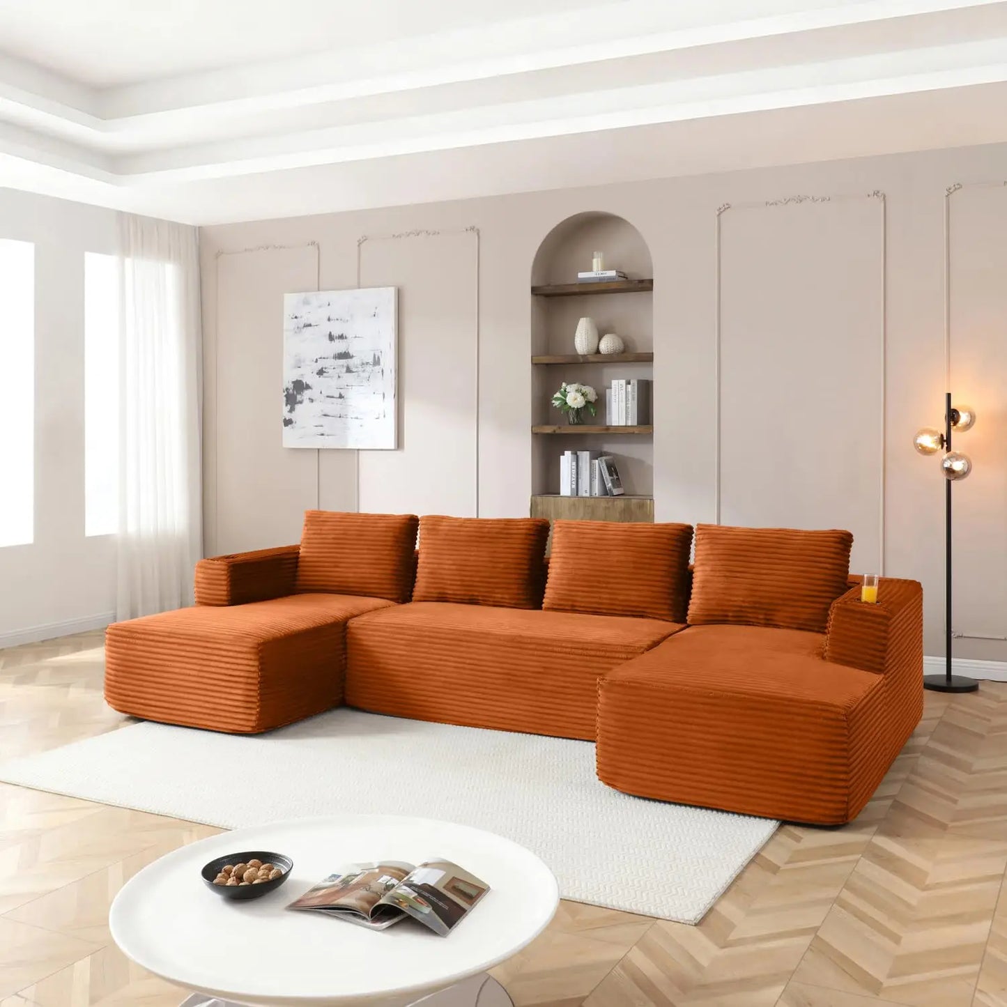 132" Modular Sectional Sleeper Sofa, Boneless Cloud Couch for Living Room, U Shaped 5 Seat Sofa with 2 Cup Holders,, Customized