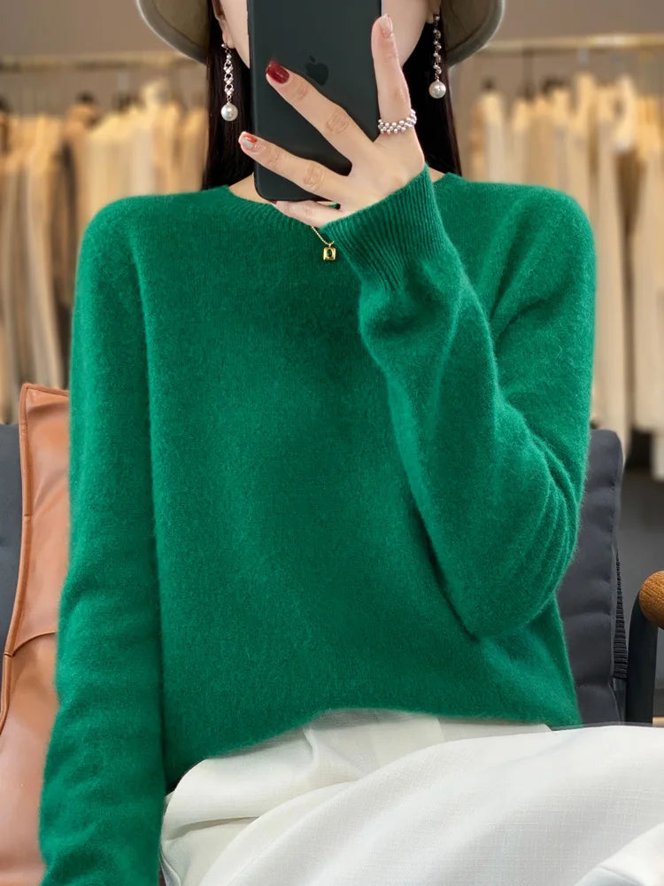 100% Merino Wool Sweater Women O-neck Cashmere Knitwear Female Pullover Autumn Winter Casual Tops Solid Color Soft Clothing