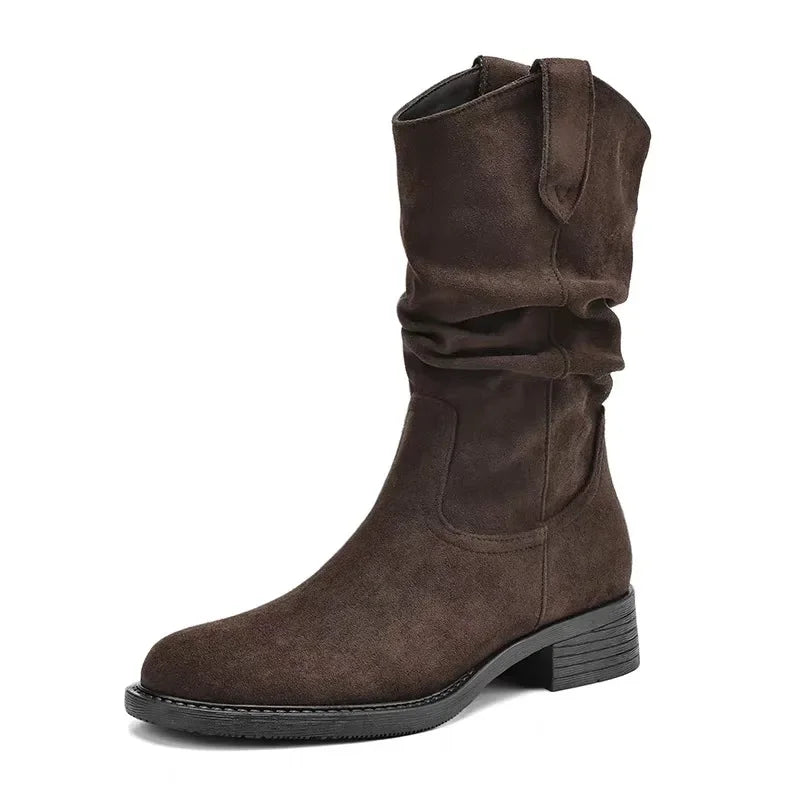 Luxury Women Pleated High Heeled Ankle Boots Autumn New Pointed Toe Brown Cowboy Boots Woman Pu Leather Botas Shoes Plus Size 42