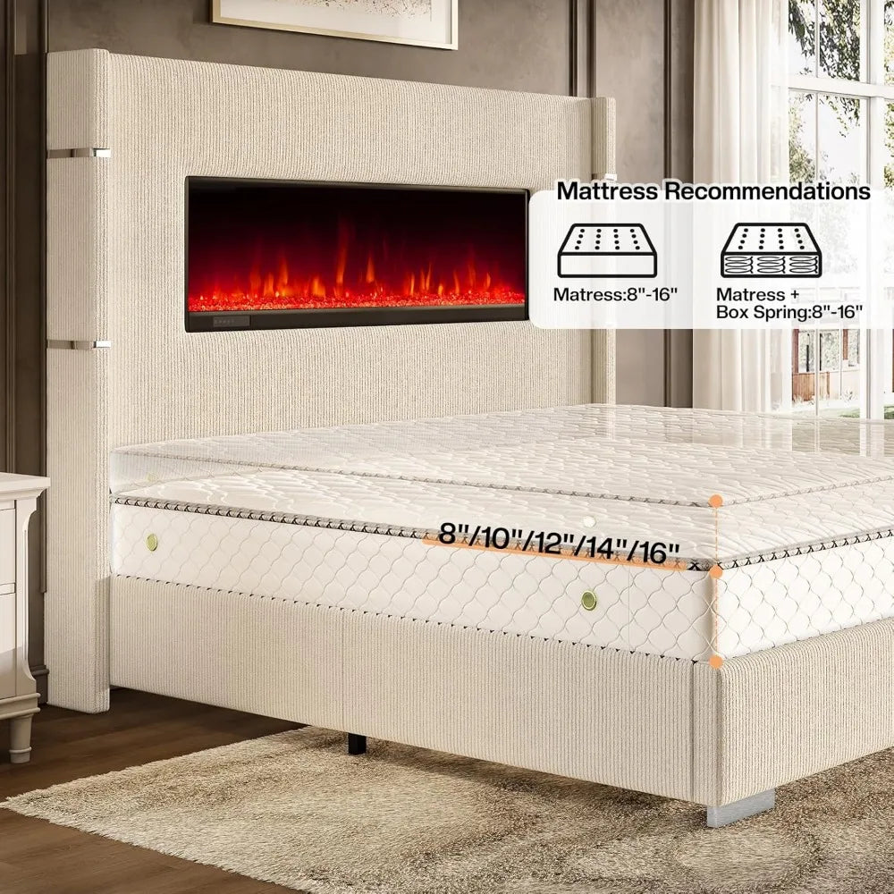 60.4 Queen Size Upholstered Bed Frame with Heat-Free Fireplace, Luxury Corduroy Platform Bed with Extra Tall Wingback Headboard,