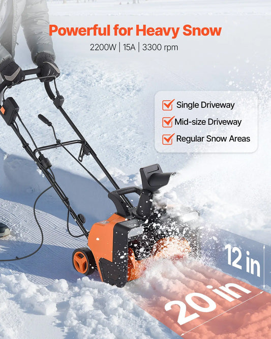 Electric Snow Blower 20" Wide 15A Corded Snow Thrower w/ 180° Chute 25FT Throwing Distance Walk-Behind Snowblower w/ LED Lights