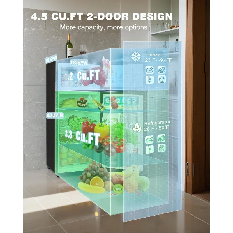 Double Door Refrigerator with Freezer, 4.5 Cu.Ft, Small Fridge with Freezer, 7 Settings Temperature Adjustable,Mini Refrigerator