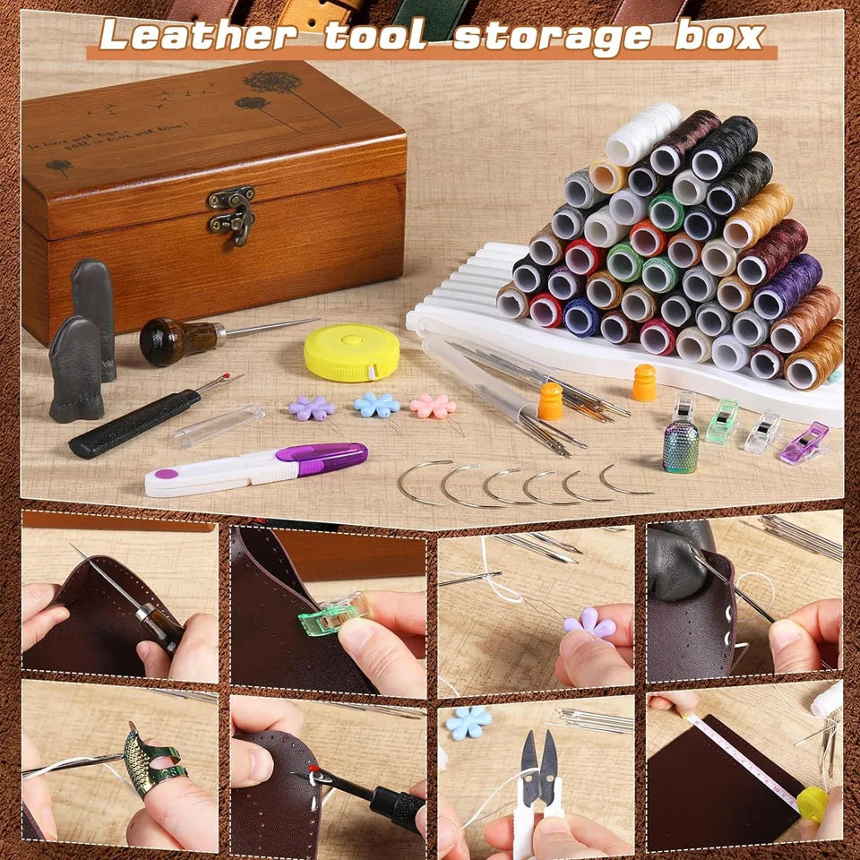 Leather Sewing Tools with Large-Eye Stitching Needles Waxed Thread Leather Stitching Kit for DIY Leather Craft