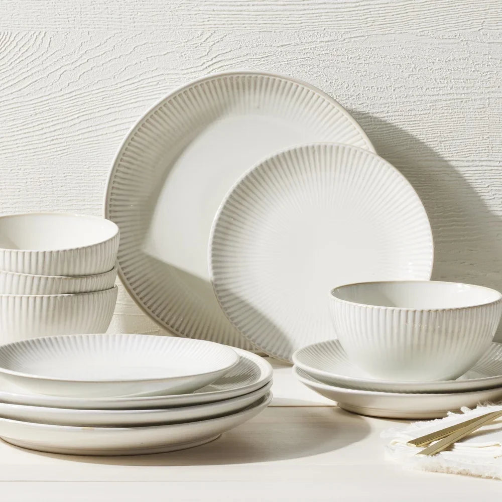Elegant 10.5 Inch Stoneware Dinner Plate Ribbed Edge Microwave Dishwasher Safe Durable Ceramic Dish