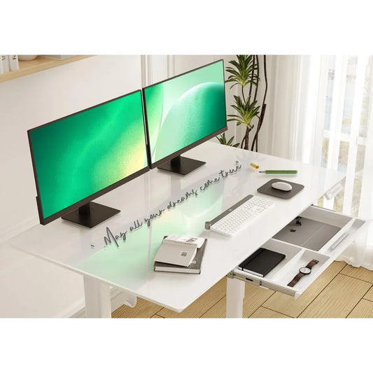 Glass Standing Desk with Drawers, 55×24 Inch Adjustable Stand Up Desk Quick Install Home Office Computer Desk, White