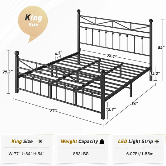 54" King Metal Bed Frame with LED Lights, Tall Headboard, Under Bed Storage, Noise-Free Design - No Box Spring Needed