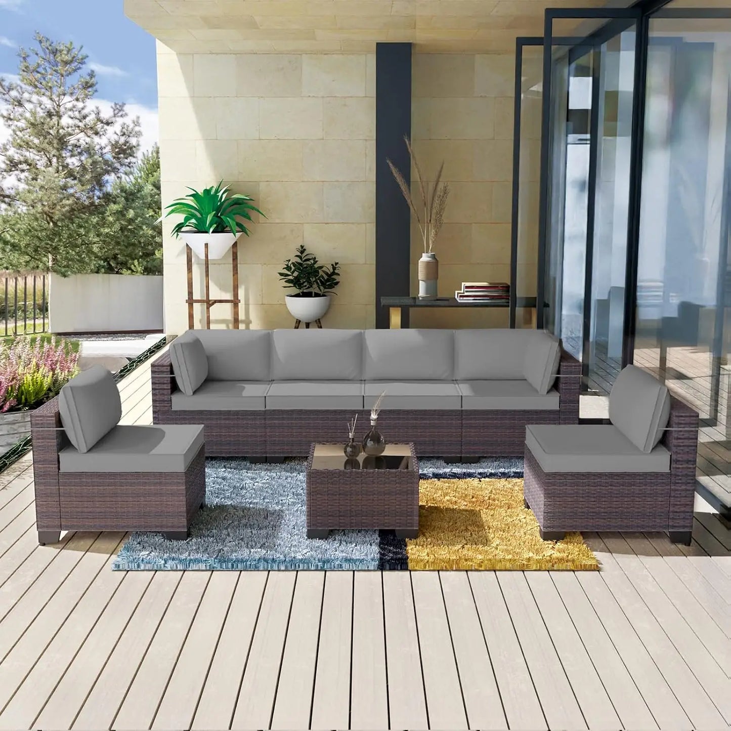 12 Pieces Outdoor Patio PE Rattan Sectional Sofa Set with Cushions & Tempered Glass Coffee Table for Garden Porch, Customized