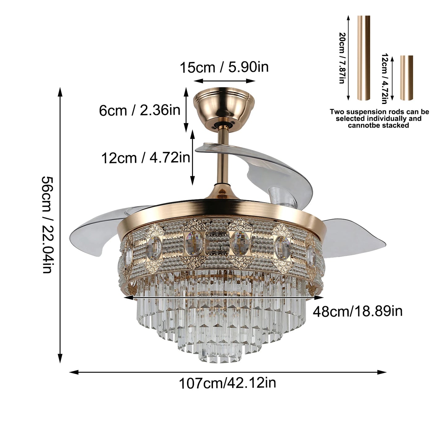 VETRULUS Modern Smart Ceiling Fan Chandelier Gold RC Adjustable 6 Speed Pendant Light Luminaire Bedroom 3 Heads Led Fandelier