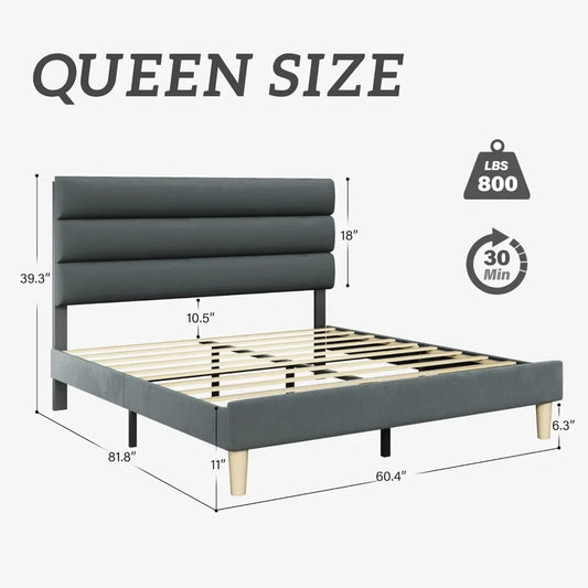 Bed Frame, Platform Bed Frame with Velvet Upholstered Headboard, No Box Spring Needed, Sturdy Metal Support, Noise Free