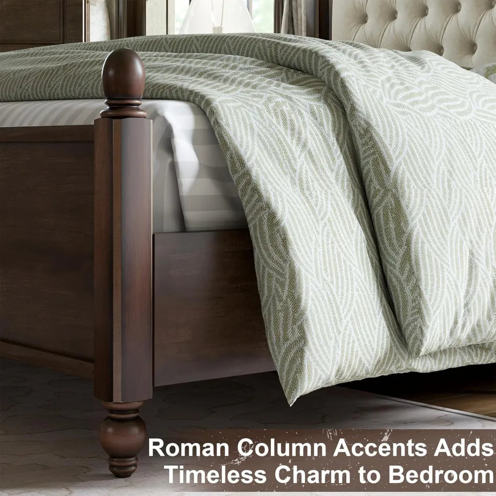 King Size Solid Wood Platform Bed with Upholstered Headboard, Roman Column Accents, No Box Spring Needed