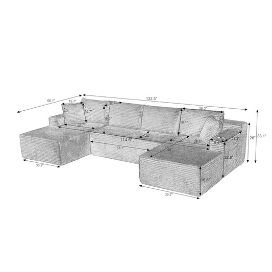 133" Oversized Modular Sectional Cloud Couch With Cup Holders, U Shaped Comfy Boneless Memory Foam Couches For Living Room, Plus