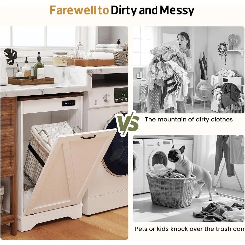 Tilt-Out Trash Can Cabinet - Hidden Garbage Can Cabinet with Ion Deodorizer, Wooden Trash Bin Holder for Kitchen, Living Room,