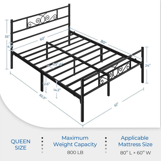 Queen Size 13 Inch Black Metal Classic Bed Frame with Headboard, Mattress Foundation, and Slatted Base
