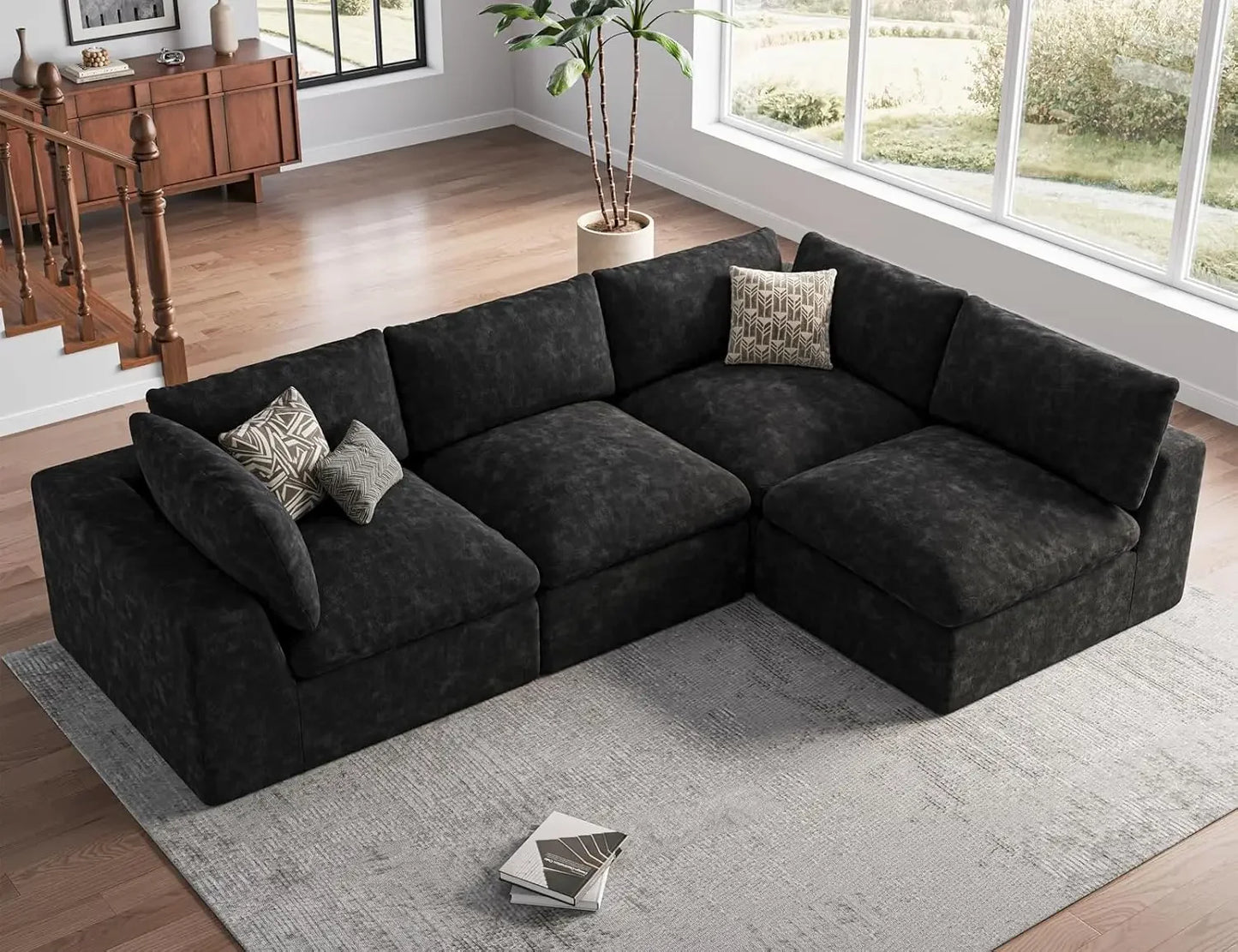 120" Cloud Sectional Couch | Oversize Boneless Couches for Living Room | 4 Seater Modern L-Shape Sofa | Drak Grey, Customized