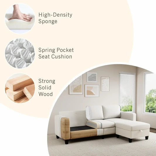 Sectional Sofa Couches for Living Room - 3 Seat L-Shaped Couch with Storage Ottoman, Comfy Fabric Convertible Sectionals