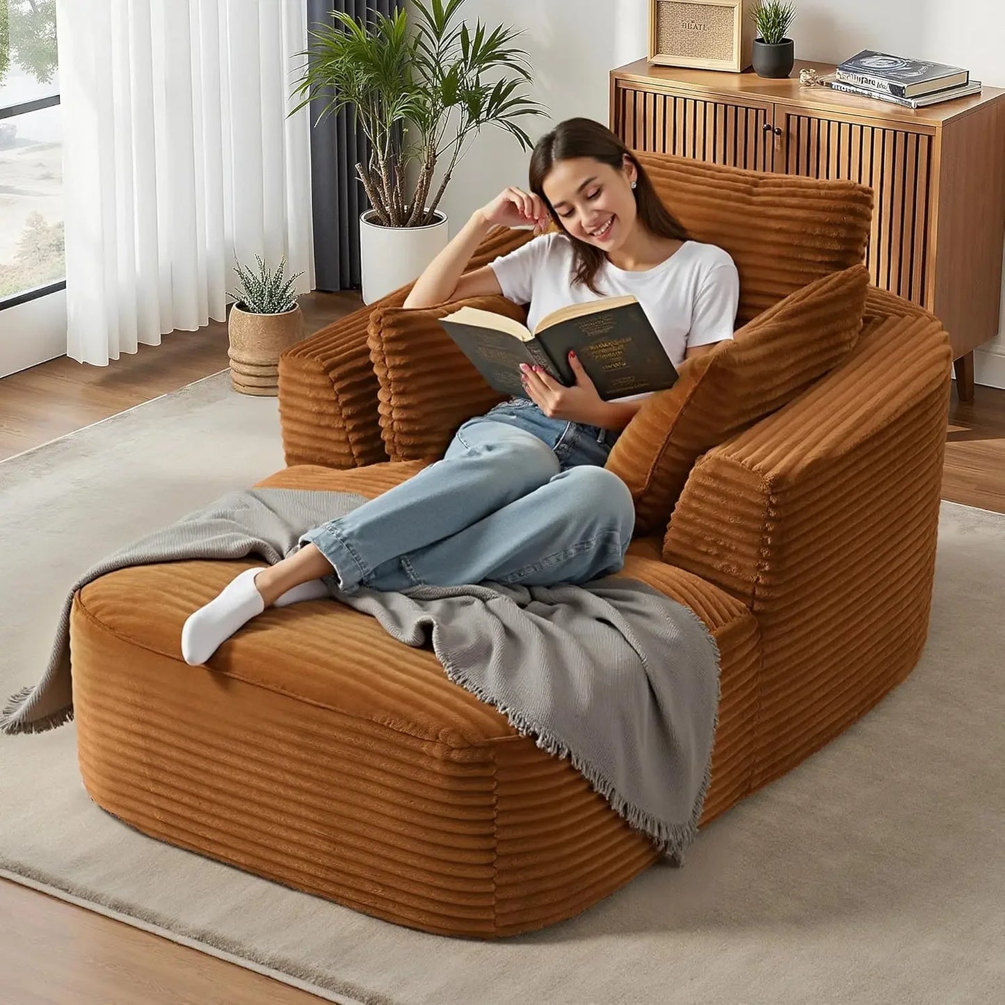 65" Boneless Couch Corduroy Living Room Chairs Luxurious Reading Chair Deep Seat Sleeper Chair Oversized Chaise Lounge Chair