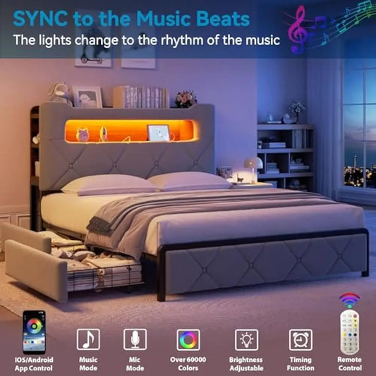 LED Twin-Queen Size Bed Frame with 2-Tier Storage Headboard and Charging Station & Bookcase, No Box Spring Needed