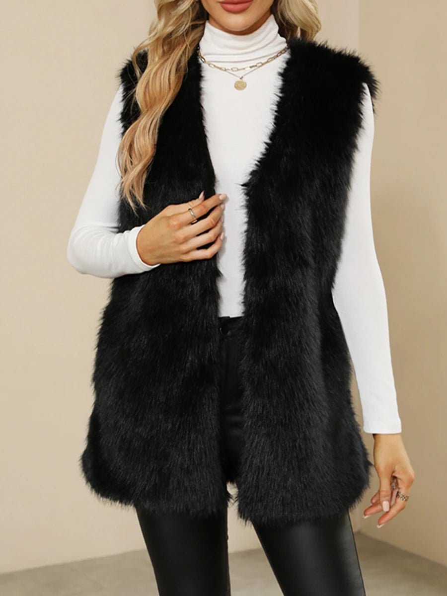 Ladies Winter Sleeveless Vest Button-Up Faux Fur Jacket with Solid Color Design for Warmth and Style