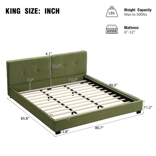 King Size Velvet Bed Frame with Curved Tufted Headboard, Wooden Platform Bed Frame with Soft Square Corners, Heavy, Customized